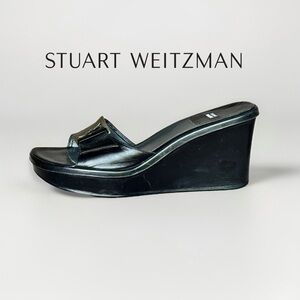 VINTAGE Stuart Weitzman Black leather buckled Wedge sandals sz 9 - excellent con